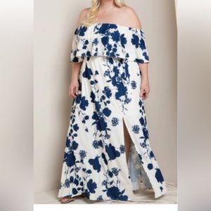 Flattering Blue Floral Off Shoulder Maxi Dress
